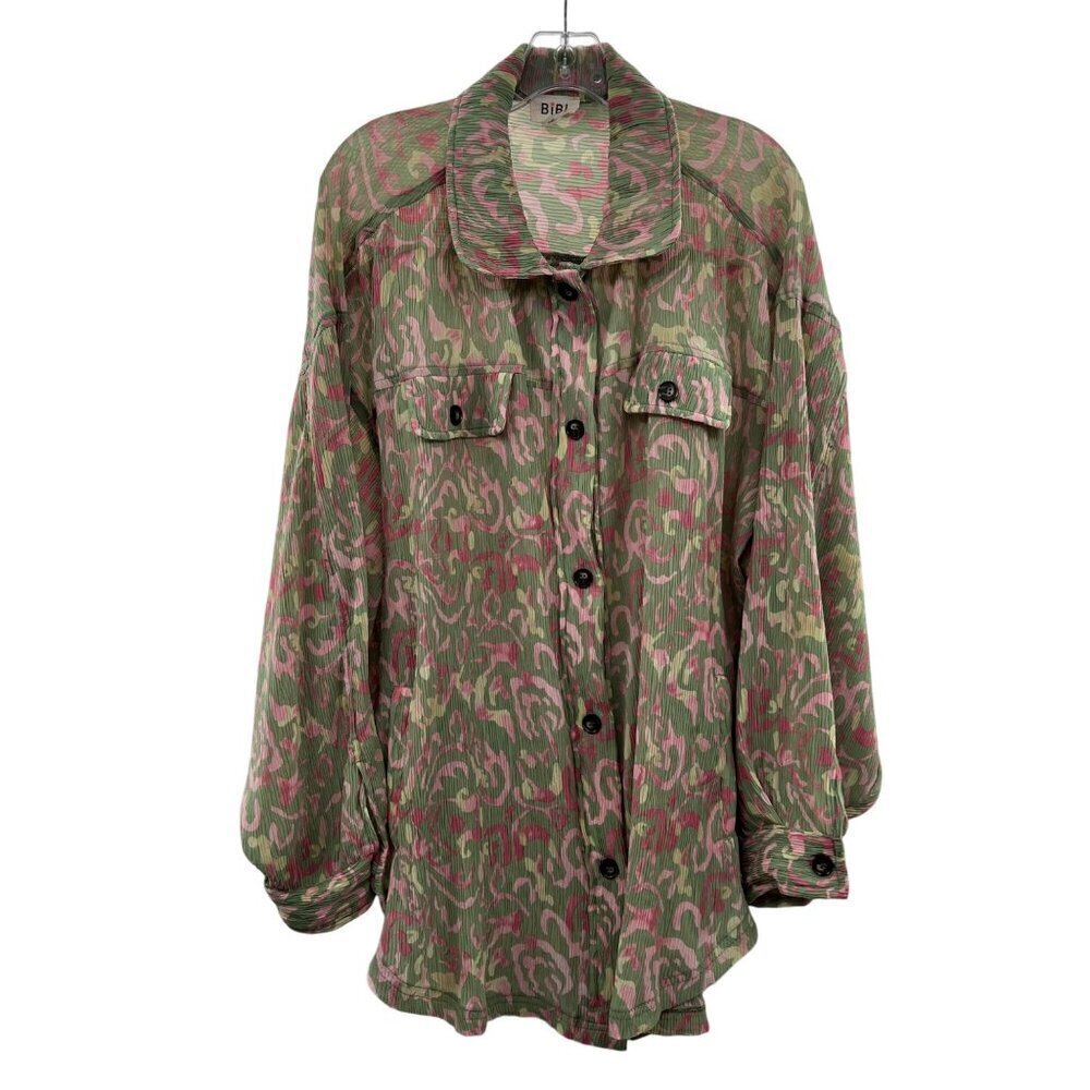 BiBi Women's Button Up Ribbed Long Sleeve Top Green/Pink Size Medium Pockets